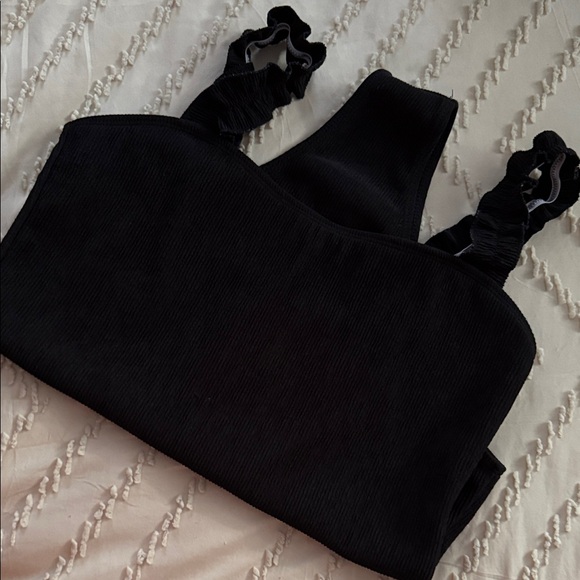 Black Ribbed Bodysuit with Ruffle Straps - Picture 4 of 4